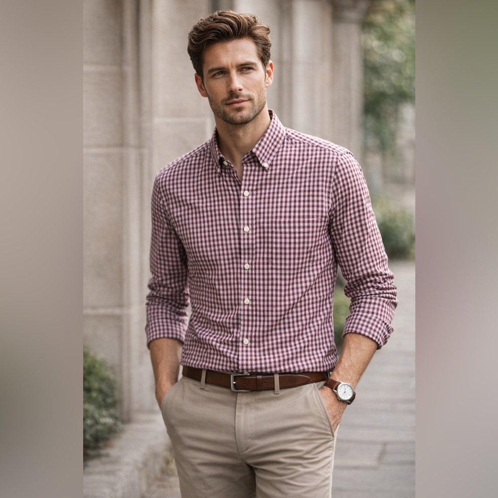 UNTUCKit Men’s Medium Slim Fit Burgundy Gingham Button Down Shirt